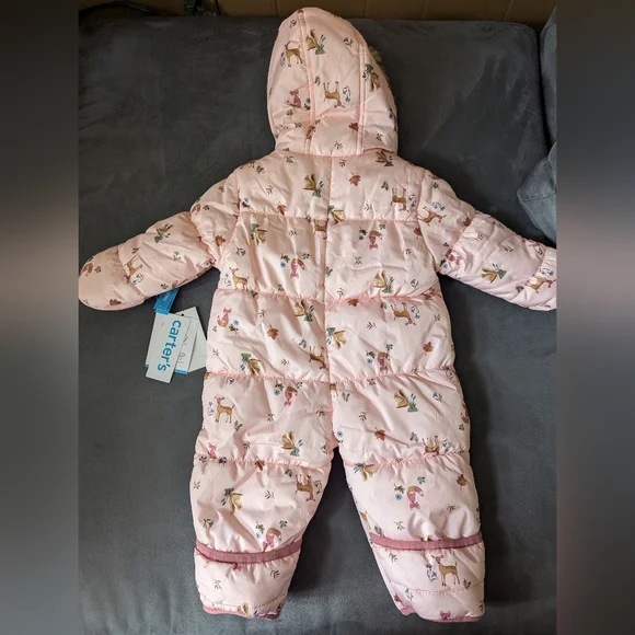 Carter's Pink Baby Snowsuit with Animal Print 6M - Picture 3 of 6